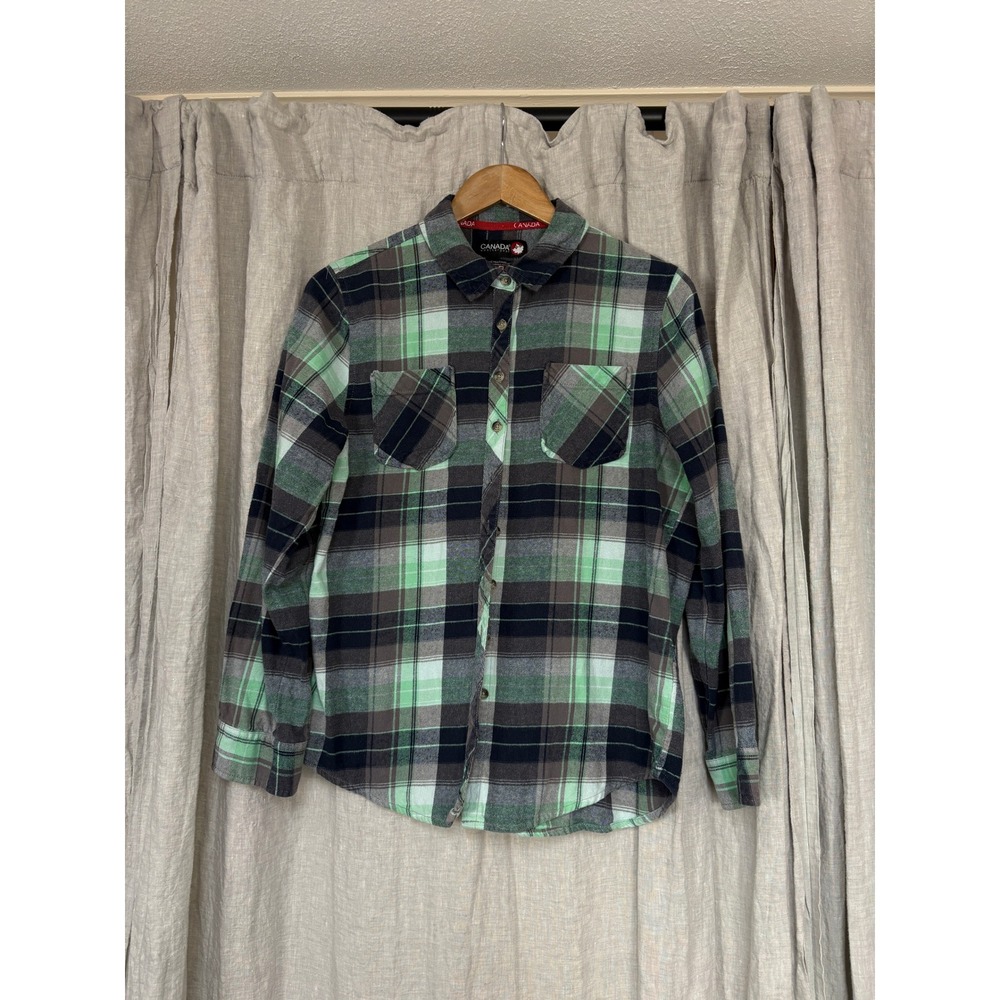Canada Weathergear Flannel Shirt Womens XL Green Plaid Excellent Long Sleeve